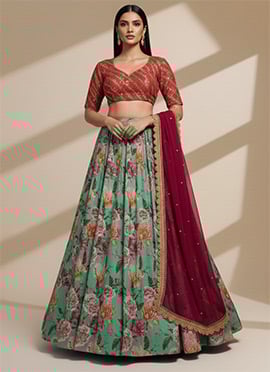Green Organza Sequins Zari Printed Umbrella Lehenga