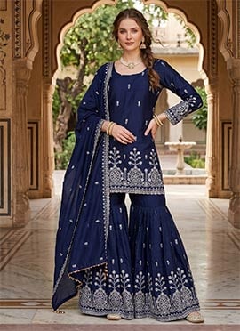 Blue Organza Silk Embroidered Sequins Sharara Suit