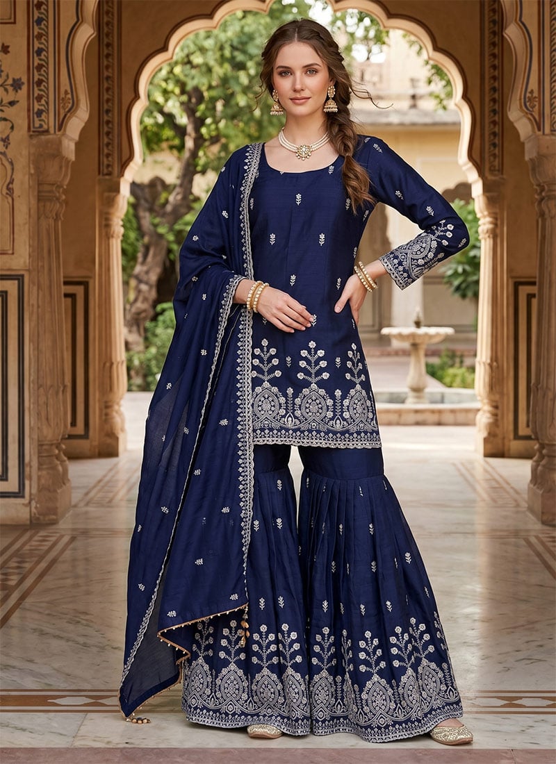 Blue Organza Silk Embroidered Sequins Sharara Suit Festive Wear