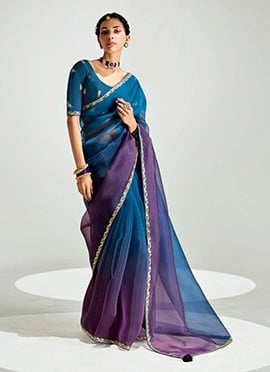 Blue Organza Tissue Zari Embroidered Sequins Saree