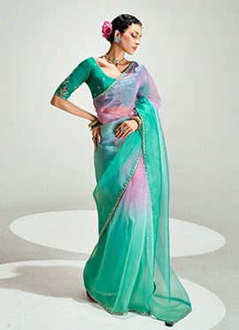 Blue Organza Tissue Zari Embroidered Sequins Saree