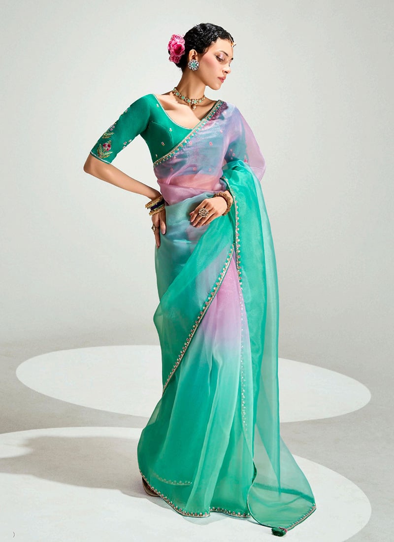 Blue Organza Tissue Zari Embroidered Sequins Saree Festive Wear
