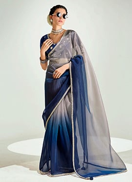 Blue Organza Tissue Zari Embroidered Sequins Saree