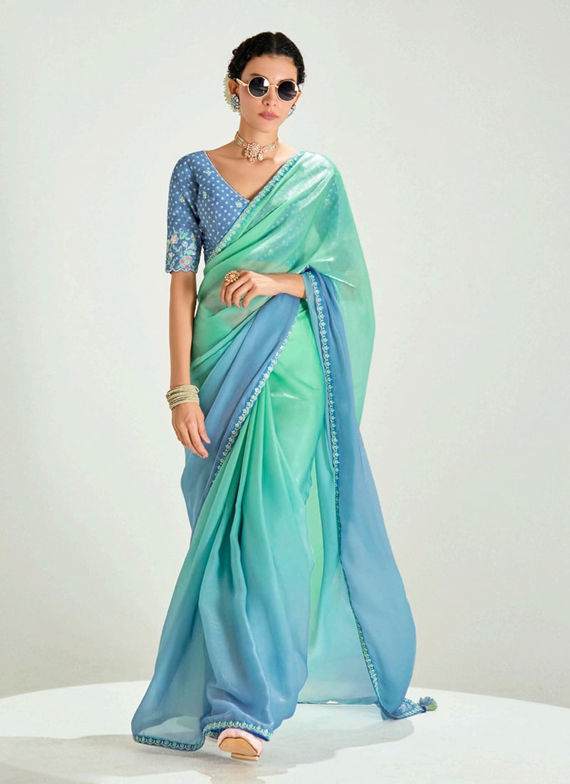 Blue Organza Tissue Zari Embroidered Sequins Saree Festive Wear