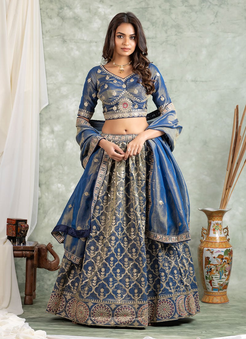 Blue Organza Tissue Zari Gota Embroidered Lehenga Wedding Wear