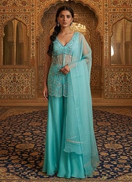 Blue Organza Zari And Sequins Hand Embroidered Palazzo Suit