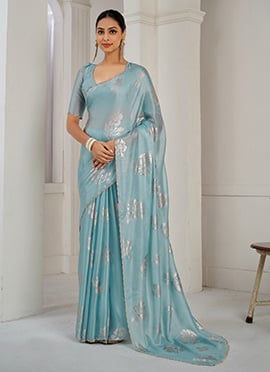 Blue Organza Zari And Stone Work Saree Festive Wear