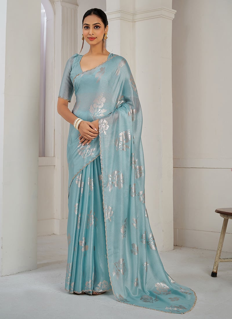 Blue Organza Zari And Stone Work Saree Festive Wear