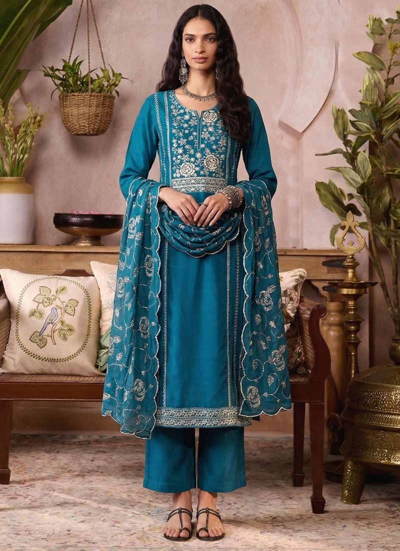 Blue Organza Zari Embroidered Sequins With Beads Work Straight Pant Suit Festive Wear