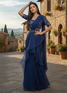 Blue Organza Zari Sequins Hand Embroidered Cutdana Lehenga Saree