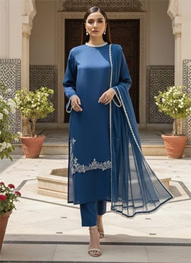Blue Organza Zari Work Straight Pant Suit