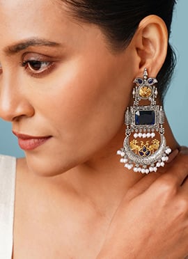 Blue Oxidised Kundan And Beads Chandeliers