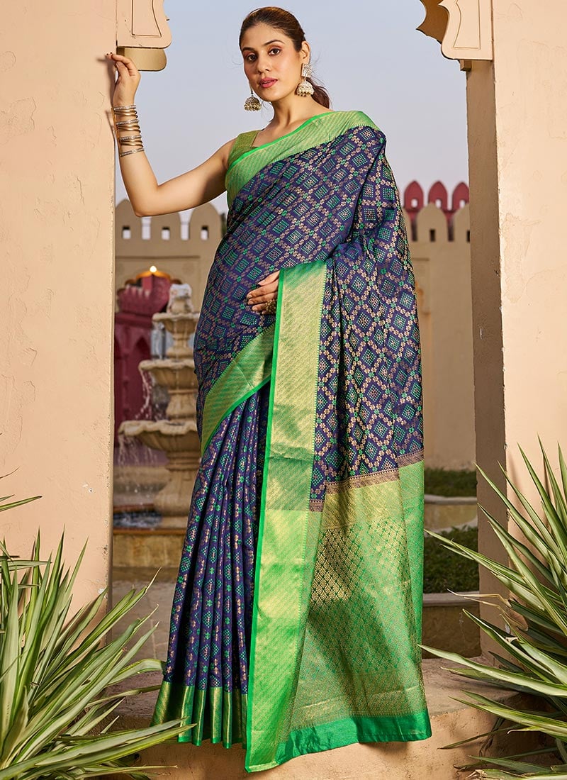Blue Patola Silk Zari Embossed Saree Festive Wear