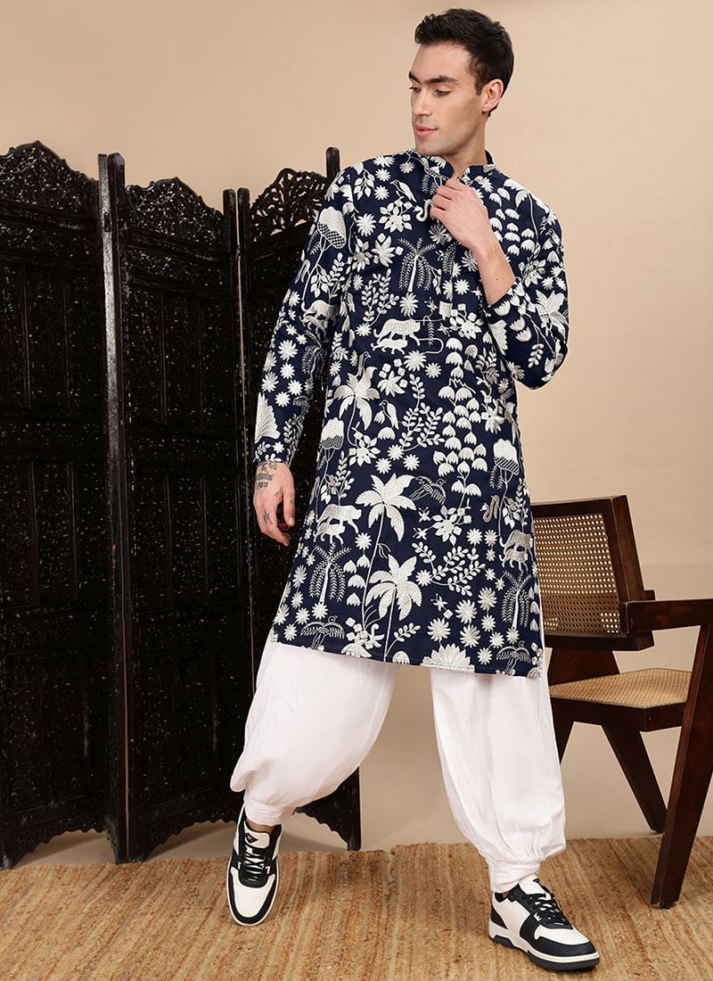Blue Polyester Chikankari Kurta