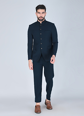 Blue Polyester Cotton Bandhgala Suit