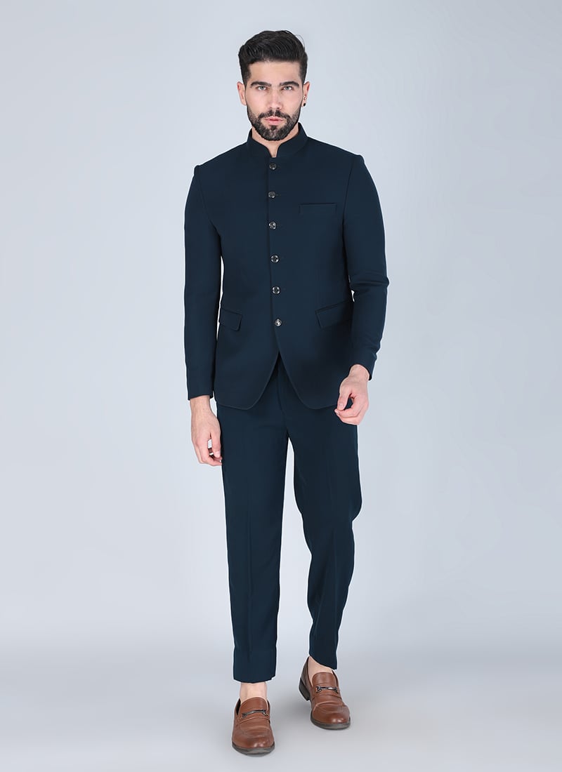 Blue Polyester Cotton Bandhgala Suit Wedding Wear