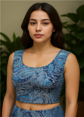 Blue Printed Chinon Smoking Blouse