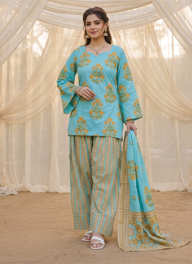 Blue Printed Cotton Bell Sleeves Farshi Salwar Suit Festive Wear