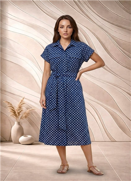Blue Printed Cotton Belted Midi Dress