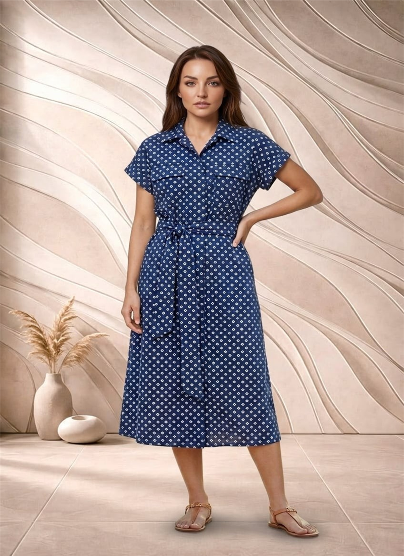 Blue Printed Cotton Belted Midi Dress After Six Wear