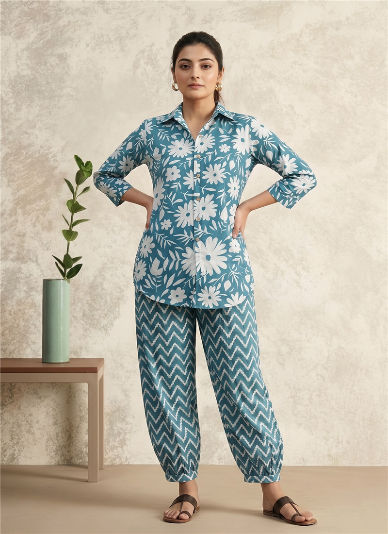 Blue Printed Cotton Co Ord Pant Set After Six Wear