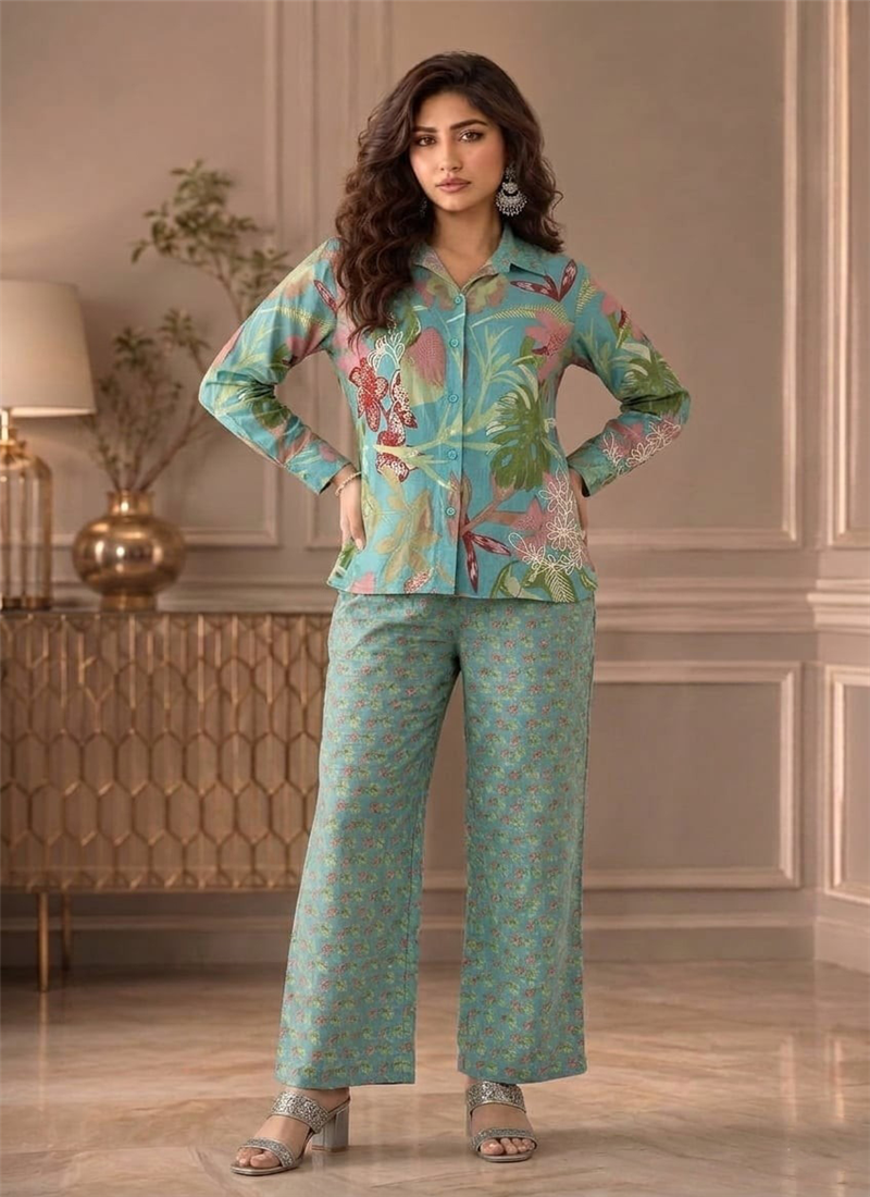 Blue Printed Cotton Co Ord Pant Set After Six Wear