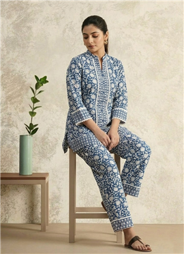 Blue Printed Cotton Co Ord Pant Set