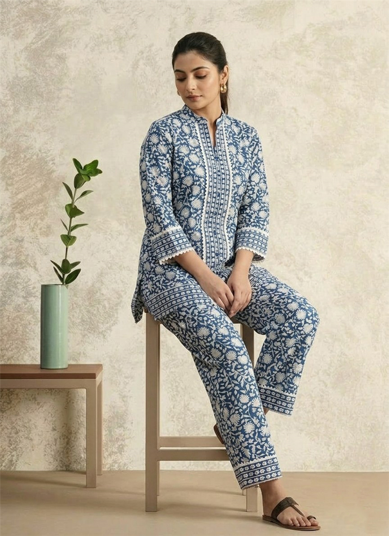Blue Printed Cotton Co Ord Pant Set After Six Wear
