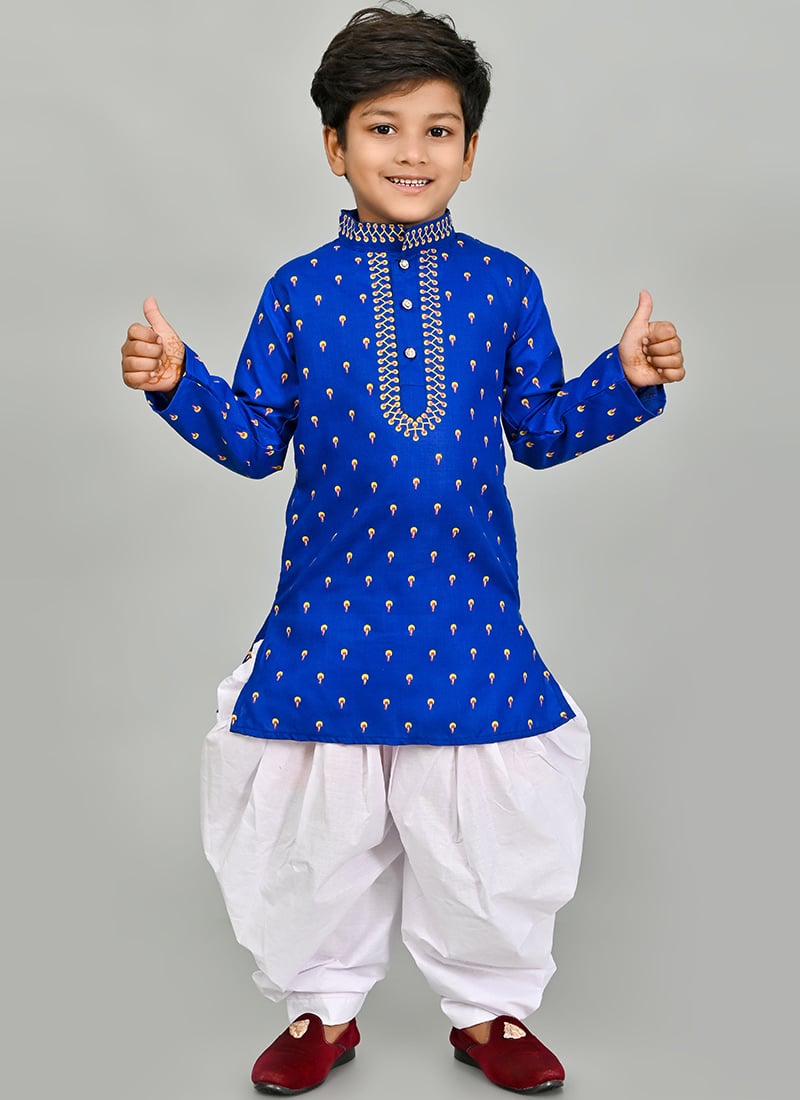 Blue Printed Cotton Kids Dhoti Style Kurta Pyjama Festive Wear