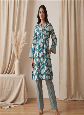 Blue Printed Cotton Kurta Set