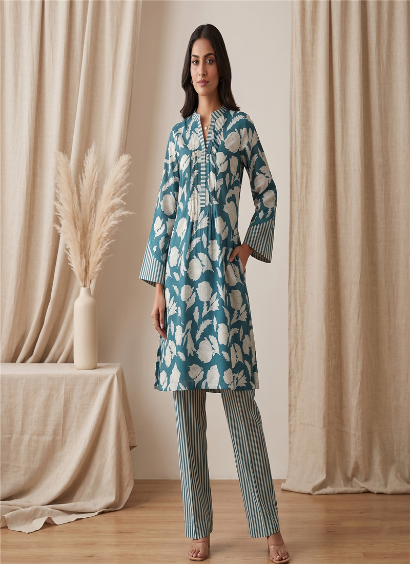 Blue Printed Cotton Kurta Set After Six Wear