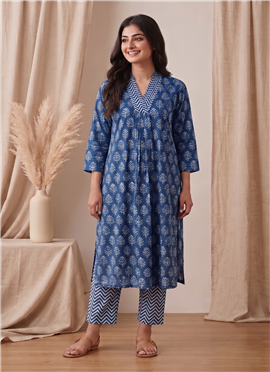 Blue Printed Cotton Kurta Set