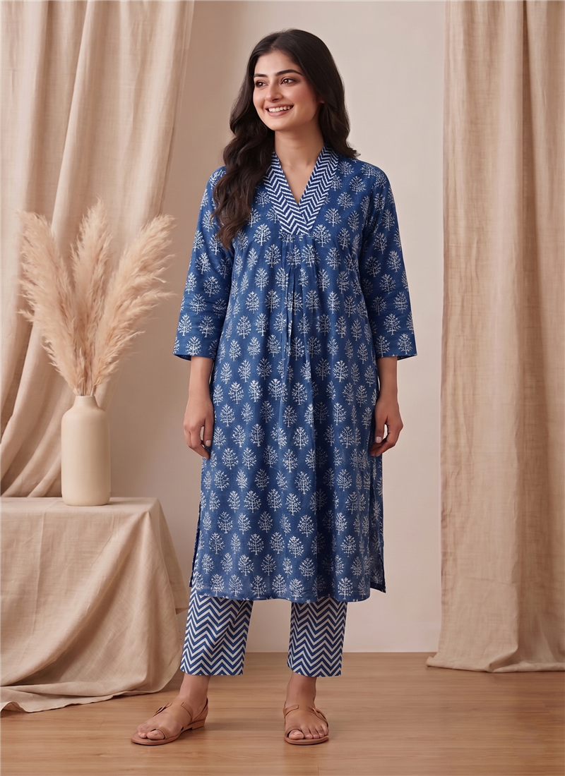 Blue Printed Cotton Kurta Set After Six Wear