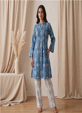 Blue Printed Cotton Kurta Set
