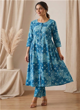 Blue Printed Cotton Kurta Set