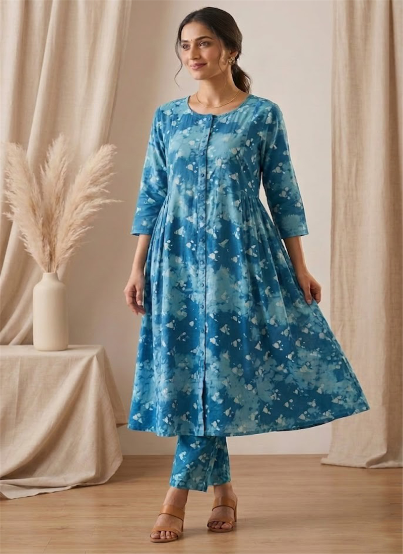 Blue Printed Cotton Kurta Set After Six Wear