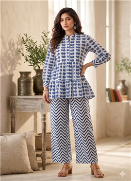 Blue Printed Cotton Peplum Top Palazzo Set