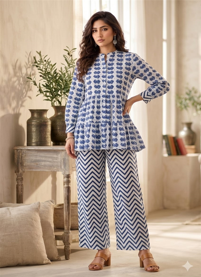 Blue Printed Cotton Peplum Top Palazzo Set After Six Wear
