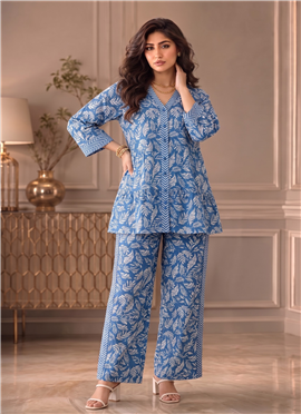 Blue Printed Cotton Peplum Top Palazzo Set