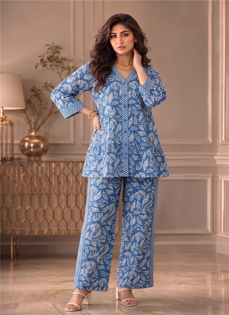 Blue Printed Cotton Peplum Top Palazzo Set After Six Wear