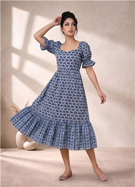 Blue Printed Cotton Puff Sleeve Dress