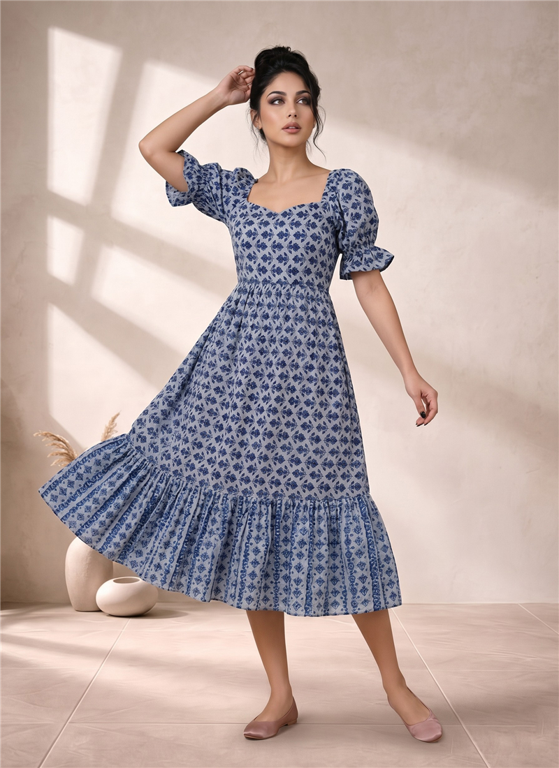 Blue Printed Cotton Puff Sleeve Dress After Six Wear