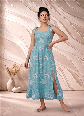 Blue Printed Cotton Tie Strap Dress