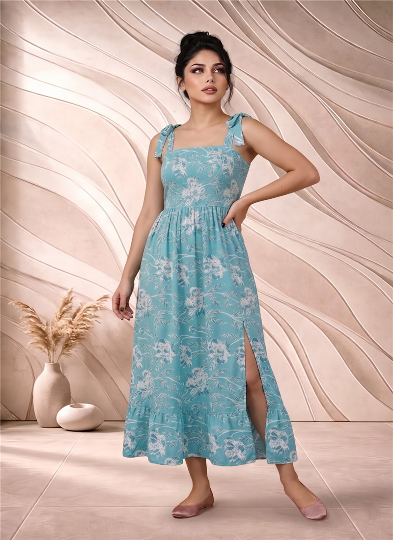 Blue Printed Cotton Tie Strap Dress After Six Wear