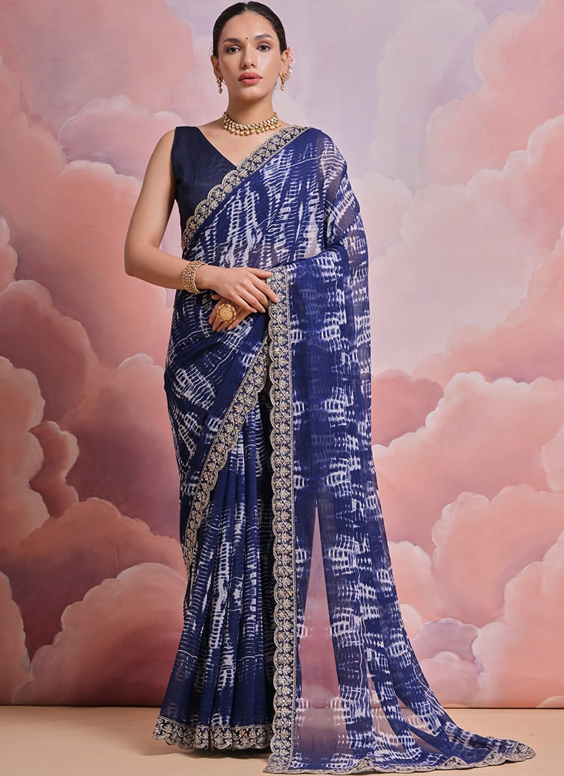 Blue Printed Embroidered Sequins Cord Work Faux Georgette Saree After Six Wear