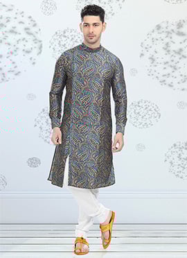 Blue Printed Indowestern Kurta Pyjama Set