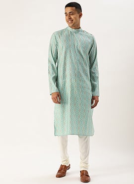 Blue Printed Modal Satin N Off White Kurta Straight Pant Set