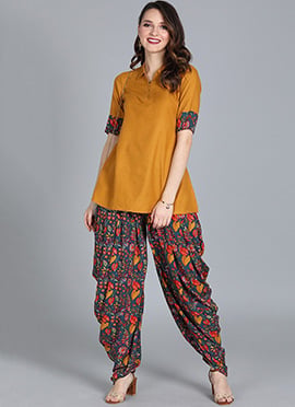 Blue Printed Rayon Dhoti Style Set