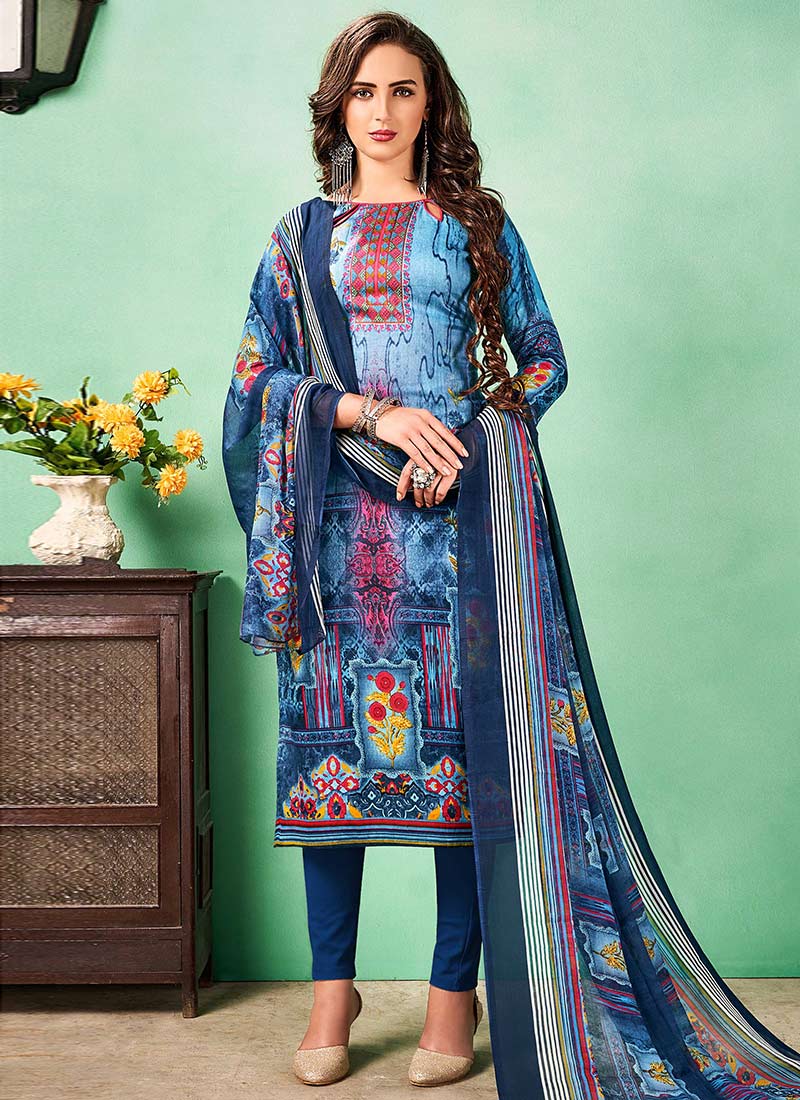 Blue Printed Straight Pant Suit After Six Wear