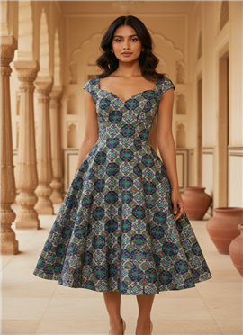 Blue Printed Viscose Fit And Flare Midi Dress